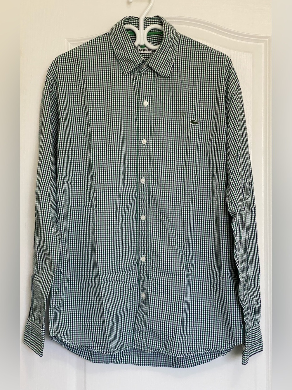 Lacoste Green and White Gingham Men's Button-Down Shirt Size XL